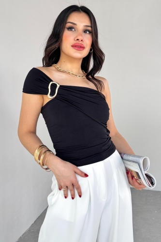 BLZ-06283 Siyah Gold Toka Detaylı Yan Büzgülü Straplez Bluz - 2