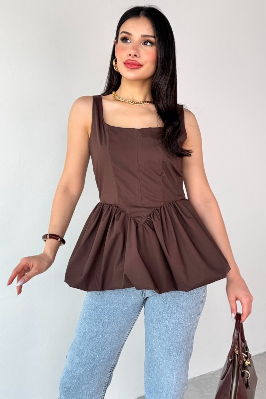 BLZ-06284 Kahverengi Askılı Astarlı Balon Bluz - 2