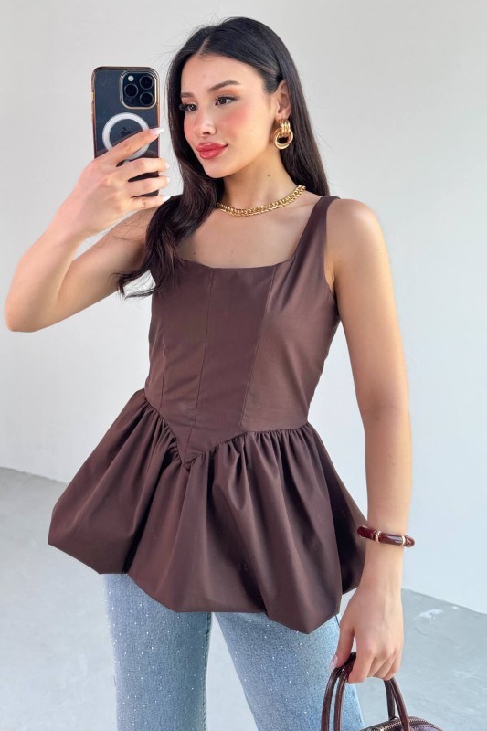 BLZ-06284 Kahverengi Askılı Astarlı Balon Bluz - 3