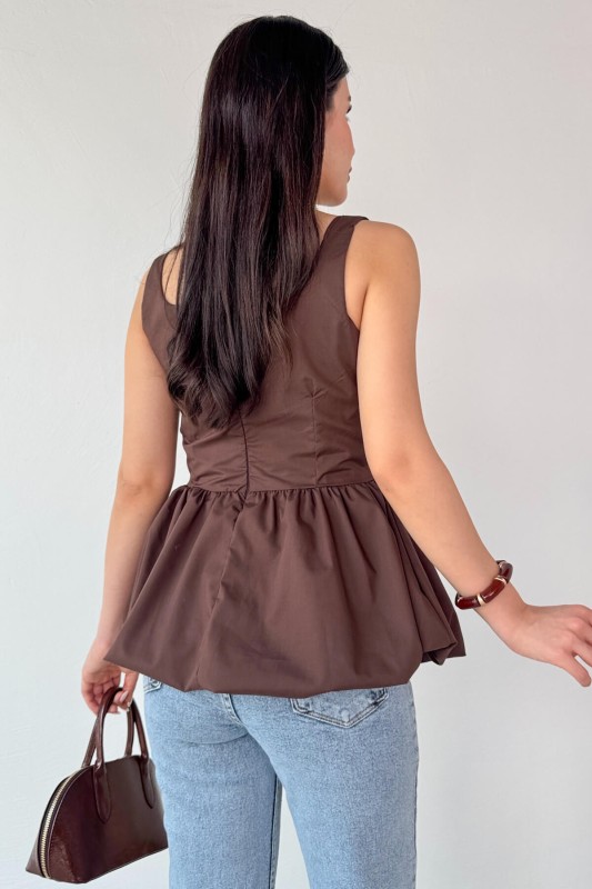 BLZ-06284 Kahverengi Askılı Astarlı Balon Bluz - 4
