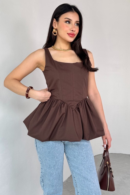 BLZ-06284 Kahverengi Askılı Astarlı Balon Bluz - 6