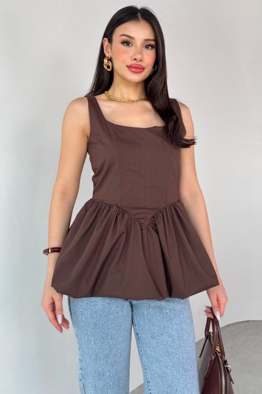 BLZ-06284 Kahverengi Askılı Astarlı Balon Bluz - 1