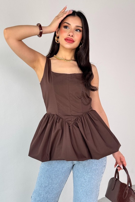 BLZ-06284 Kahverengi Askılı Astarlı Balon Bluz - 7