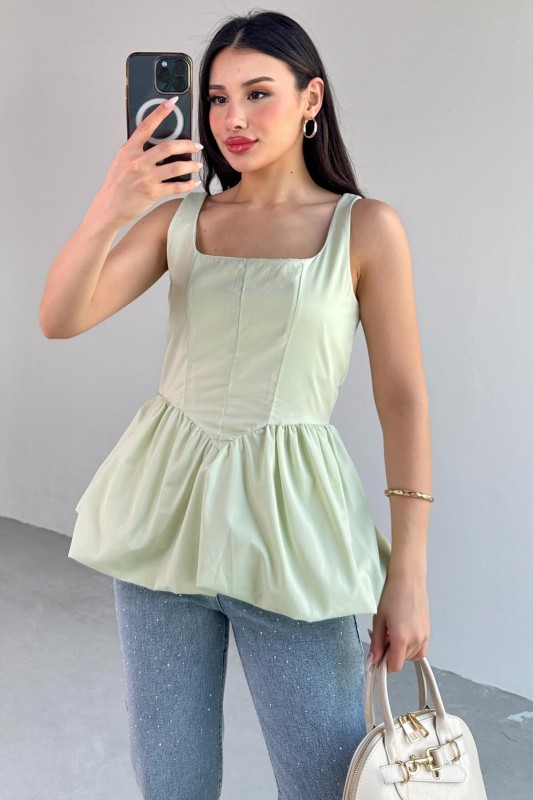 BLZ-06284 Mint Yeşili Askılı Astarlı Balon Bluz - 3