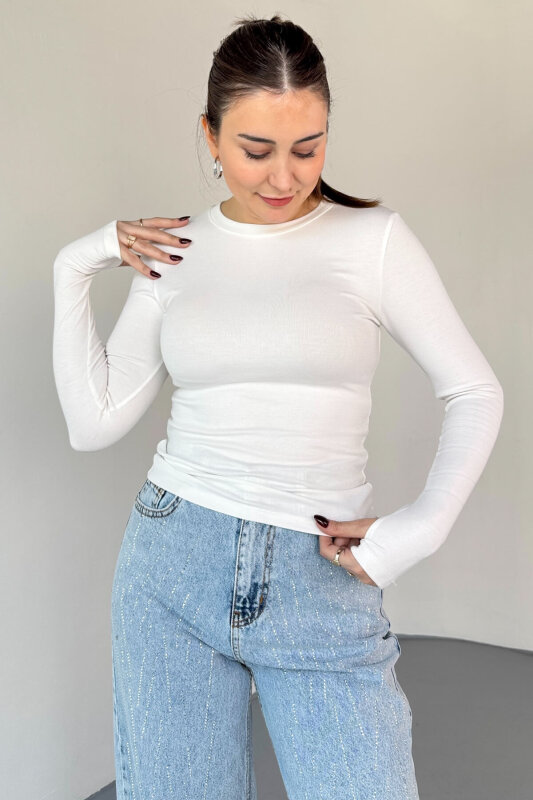 BLZ-06289 Beyaz Parmak Geçirmeli Merserize Likralı Pamuklu Basic Bluz - 1