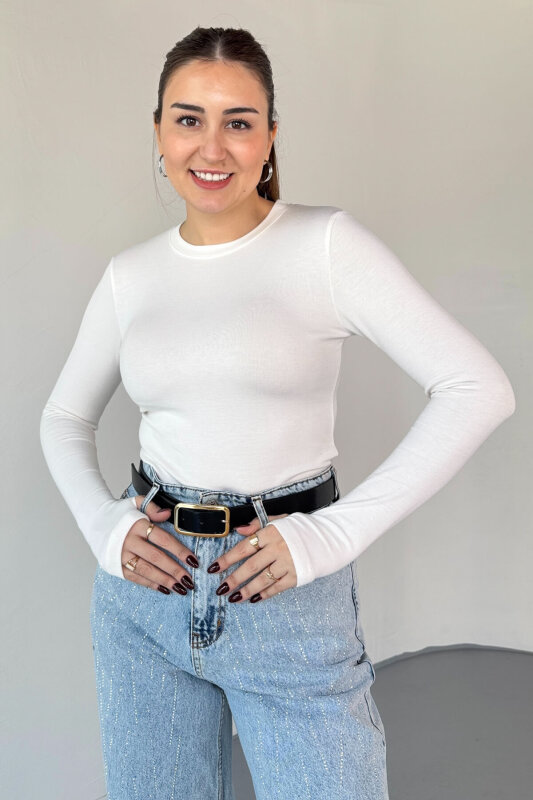 BLZ-06289 Beyaz Parmak Geçirmeli Merserize Likralı Pamuklu Basic Bluz - 3