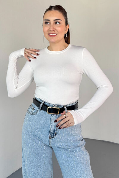 BLZ-06289 Beyaz Parmak Geçirmeli Merserize Likralı Pamuklu Basic Bluz - 4