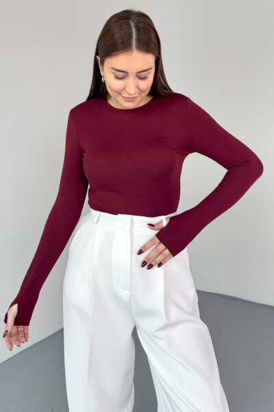 BLZ-06289 Bordo Parmak Geçirmeli Merserize Likralı Pamuklu Basic Bluz - 1