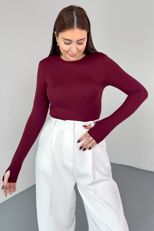 BLZ-06289 Bordo Parmak Geçirmeli Merserize Likralı Pamuklu Basic Bluz - 1