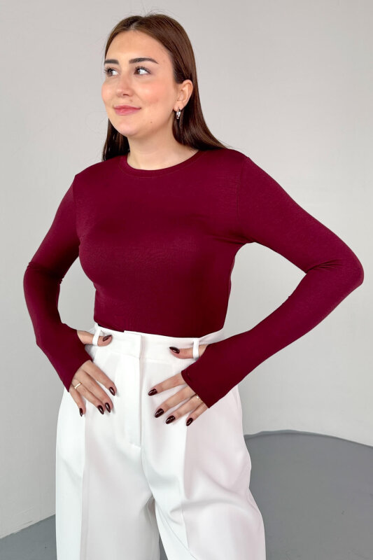 BLZ-06289 Bordo Parmak Geçirmeli Merserize Likralı Pamuklu Basic Bluz - 3