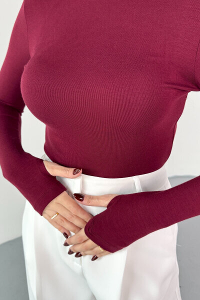 BLZ-06289 Bordo Parmak Geçirmeli Merserize Likralı Pamuklu Basic Bluz - 2