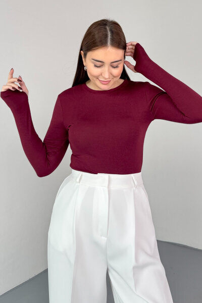 BLZ-06289 Bordo Parmak Geçirmeli Merserize Likralı Pamuklu Basic Bluz - 4