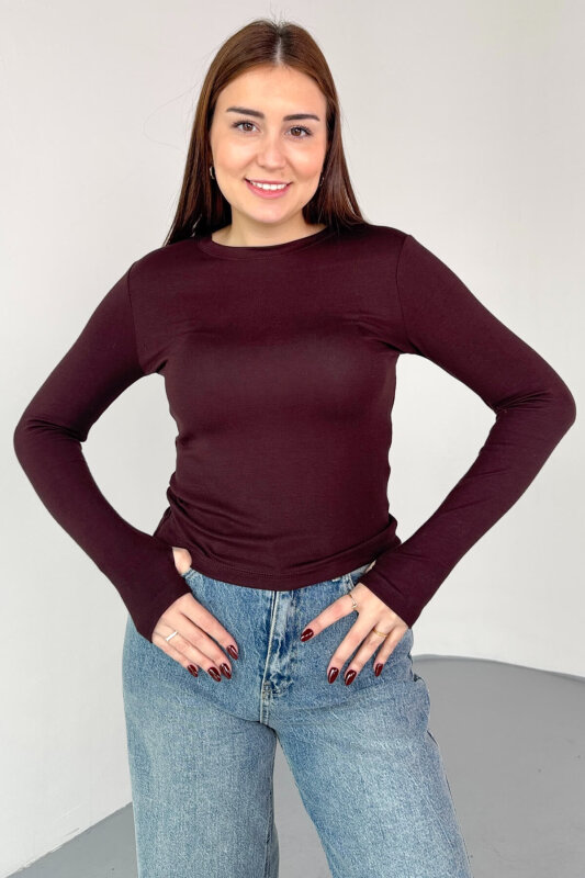 BLZ-06289 Kahverengi Parmak Geçirmeli Merserize Likralı Pamuklu Basic Bluz - 1