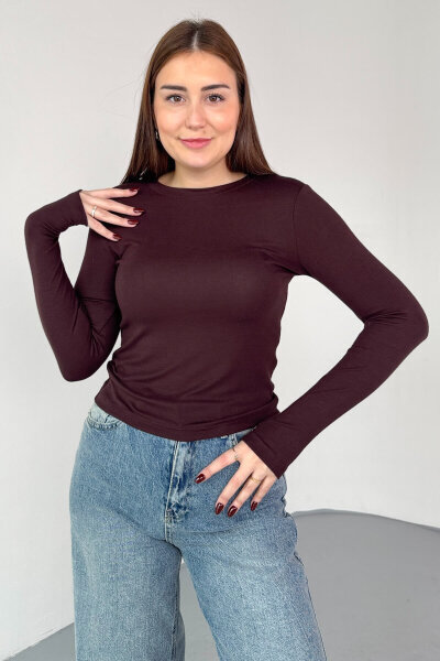 BLZ-06289 Kahverengi Parmak Geçirmeli Merserize Likralı Pamuklu Basic Bluz - 3
