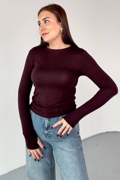 BLZ-06289 Kahverengi Parmak Geçirmeli Merserize Likralı Pamuklu Basic Bluz - 4