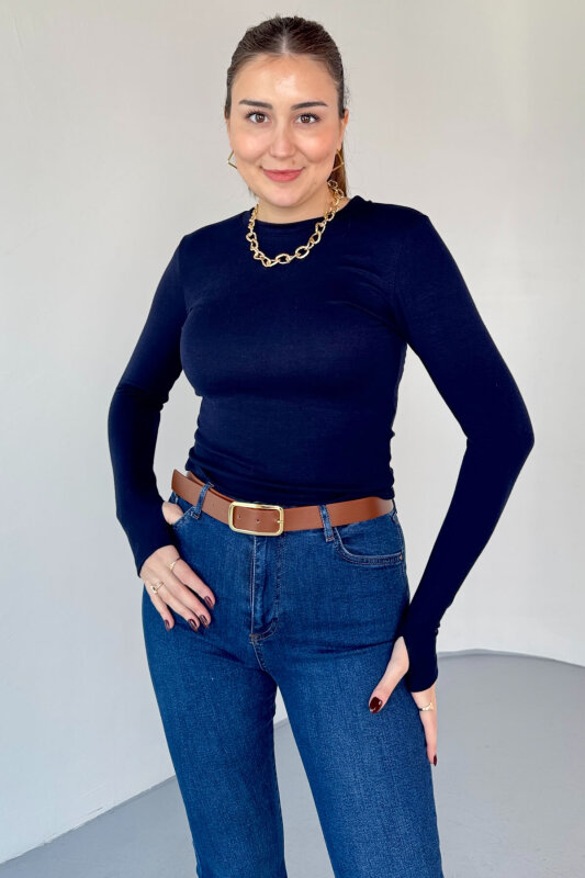 BLZ-06289 Lacivert Parmak Geçirmeli Merserize Likralı Pamuklu Basic Bluz - 3