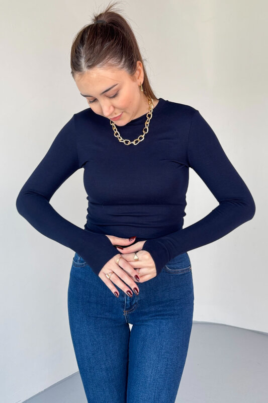 BLZ-06289 Lacivert Parmak Geçirmeli Merserize Likralı Pamuklu Basic Bluz - 1
