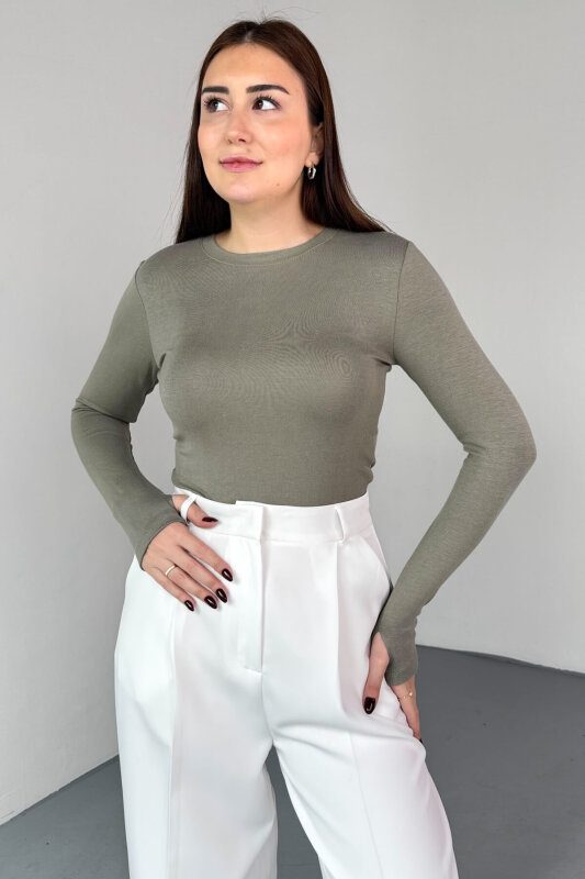 BLZ-06289 Mint Parmak Geçirmeli Merserize Likralı Pamuklu Basic Bluz - 3