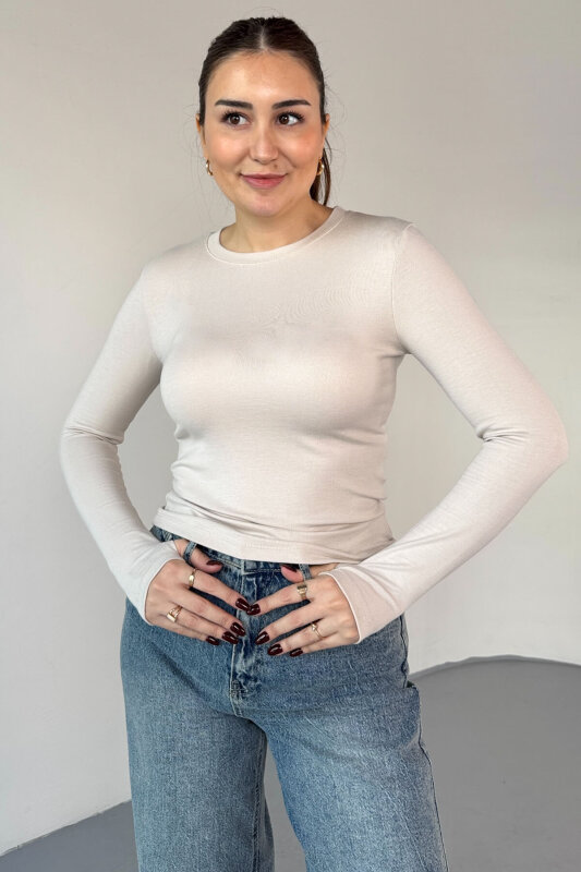 BLZ-06289 Taş Rengi Parmak Geçirmeli Merserize Likralı Pamuklu Basic Bluz  - 3