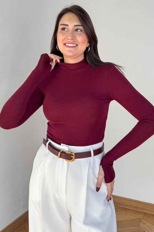 BLZ-06290 Bordo Dik Yaka Parmak Geçirmeli Merserize Likralı Pamuklu Basic Bluz - 3