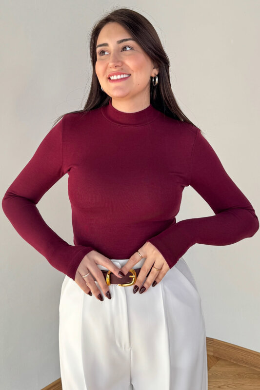 BLZ-06290 Bordo Dik Yaka Parmak Geçirmeli Merserize Likralı Pamuklu Basic Bluz - 1
