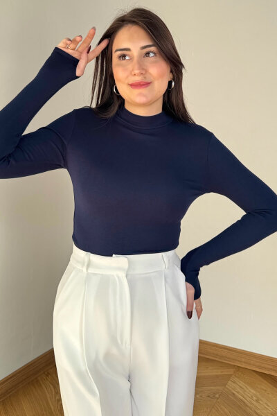 BLZ-06290 Lacivert Dik Yaka Parmak Geçirmeli Merserize Likralı Pamuklu Basic Bluz - 3