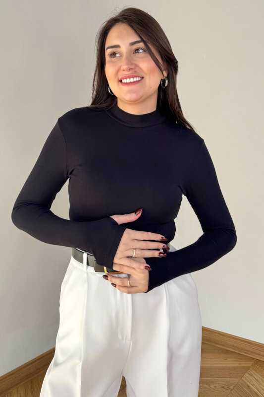 BLZ-06290 Siyah Dik Yaka Parmak Geçirmeli Merserize Likralı Pamuklu Basic Bluz - 3