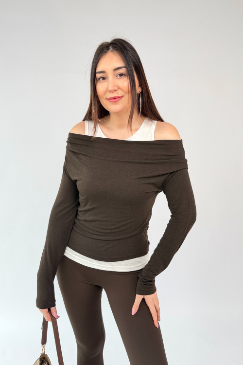 BLZ-06294 Acı Kahve Kendinden Atletli Pamuklu Muadil Bluz