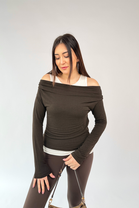 BLZ-06294 Acı Kahve Kendinden Atletli Pamuklu Muadil Bluz - 2