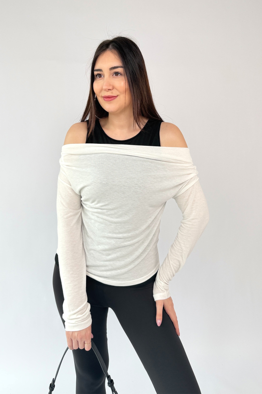 BLZ-06294 Beyaz Kendinden Atletli Pamuklu Muadil Bluz - 1