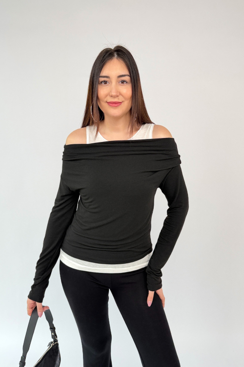 BLZ-06294 Siyah Kendinden Atletli Pamuklu Muadil Bluz - 4