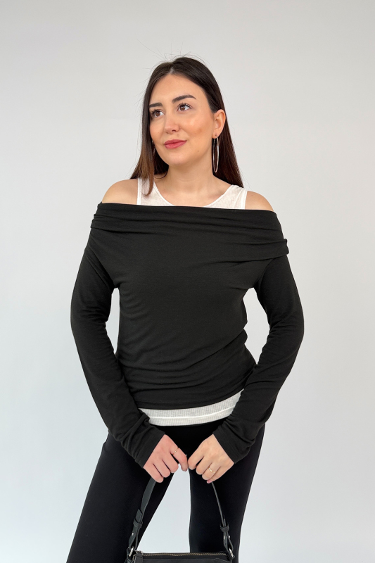 BLZ-06294 Siyah Kendinden Atletli Pamuklu Muadil Bluz - 1