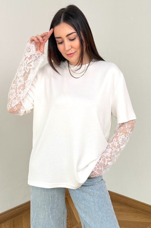 BLZ-06295 Beyaz Dantel Kollu Pamuklu Basic Bluz - 1