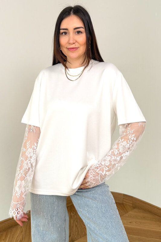 BLZ-06295 Beyaz Dantel Kollu Pamuklu Basic Bluz - 3
