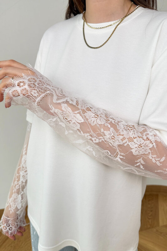 BLZ-06295 Beyaz Dantel Kollu Pamuklu Basic Bluz - 2