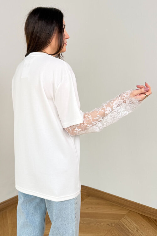 BLZ-06295 Beyaz Dantel Kollu Pamuklu Basic Bluz - 4