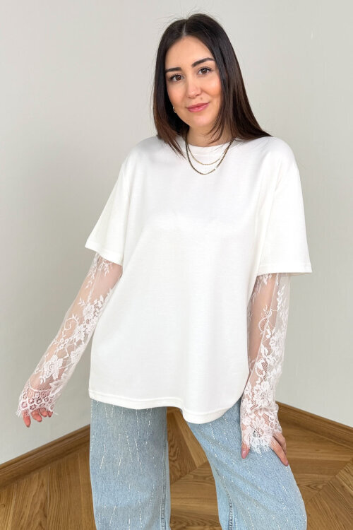 BLZ-06295 Beyaz Dantel Kollu Pamuklu Basic Bluz - 5