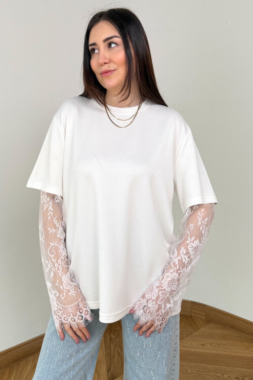 BLZ-06295 Beyaz Dantel Kollu Pamuklu Basic Bluz - 6
