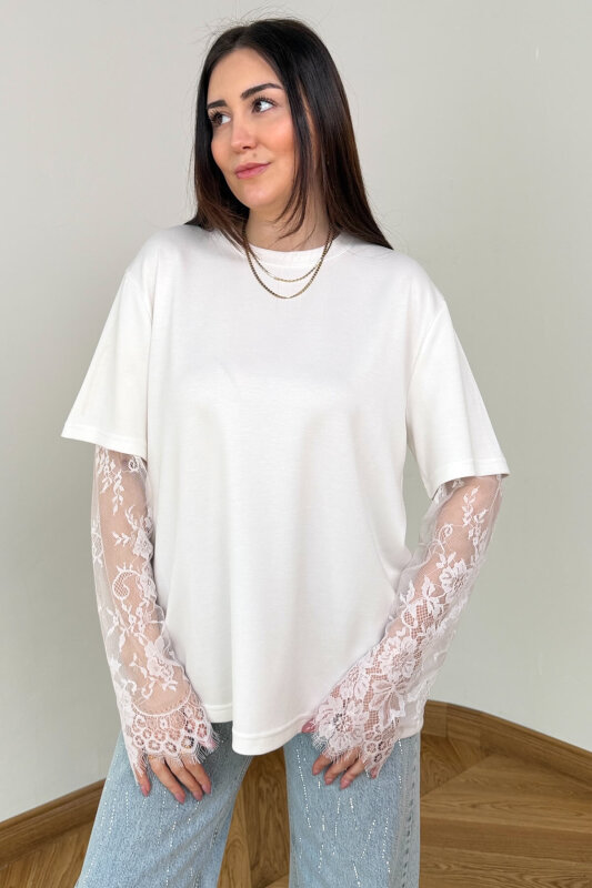 BLZ-06295 Beyaz Dantel Kollu Pamuklu Basic Bluz - 6