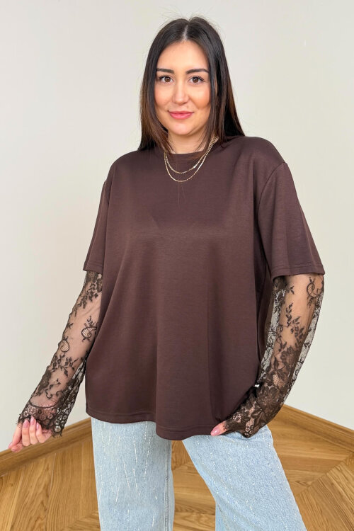 BLZ-06295 Kahverengi Dantel Kollu Pamuklu Basic Bluz - 4