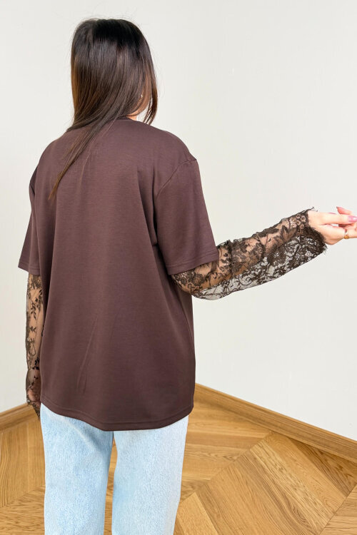 BLZ-06295 Kahverengi Dantel Kollu Pamuklu Basic Bluz - 5