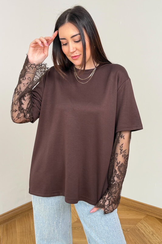 BLZ-06295 Kahverengi Dantel Kollu Pamuklu Basic Bluz - 3