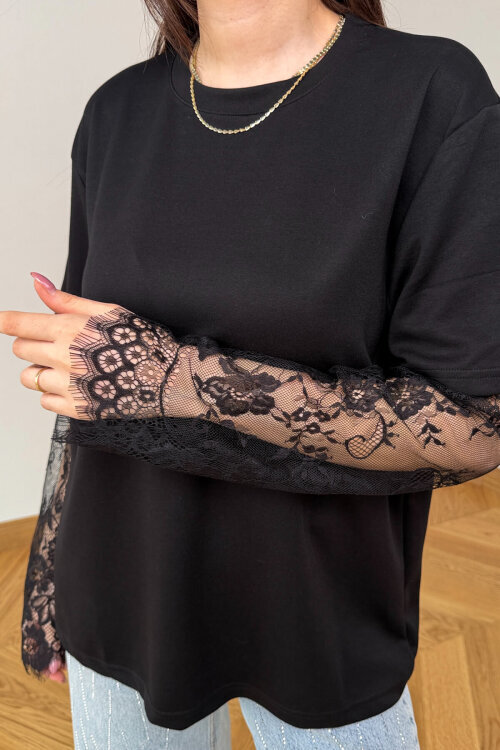 BLZ-06295 Siyah Dantel Kollu Pamuklu Basic Bluz - 2