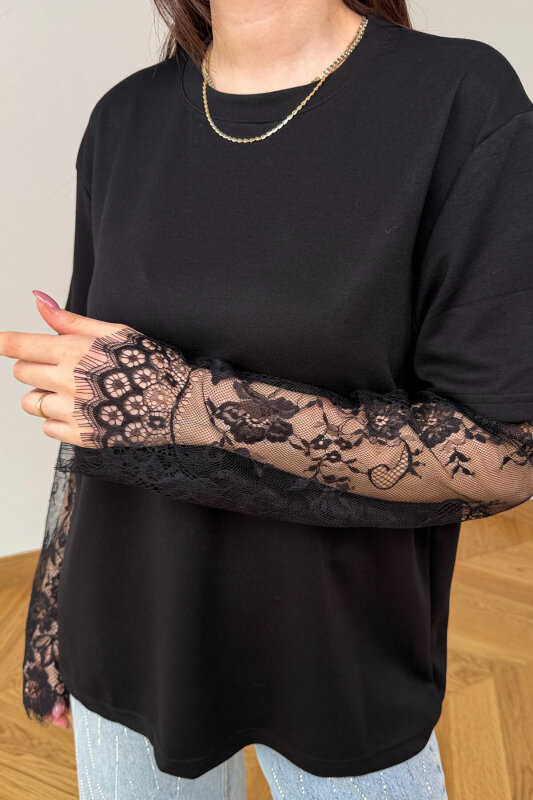 BLZ-06295 Siyah Dantel Kollu Pamuklu Basic Bluz - 2