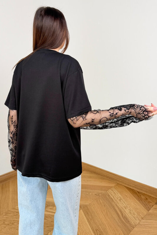 BLZ-06295 Siyah Dantel Kollu Pamuklu Basic Bluz - 4