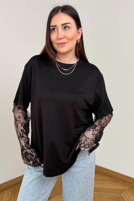 BLZ-06295 Siyah Dantel Kollu Pamuklu Basic Bluz - 3