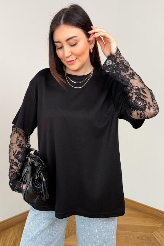 BLZ-06295 Siyah Dantel Kollu Pamuklu Basic Bluz - 1