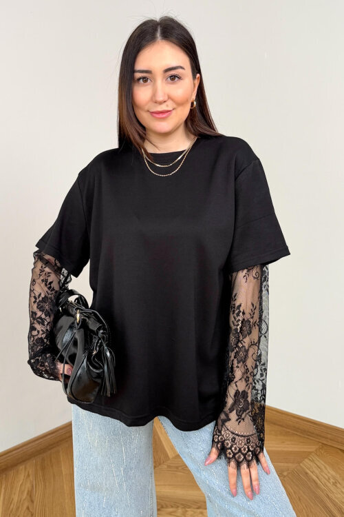 BLZ-06295 Siyah Dantel Kollu Pamuklu Basic Bluz - 5