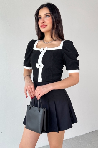 BLZ-13232 Siyah Kare Yaka Balon Kol Fiyonk Düğmeli Bluz - 4