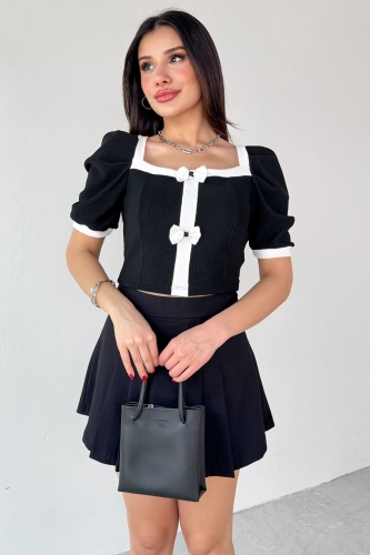 BLZ-13232 Siyah Kare Yaka Balon Kol Fiyonk Düğmeli Bluz - 6